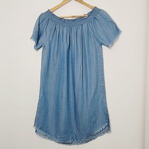 Billy T Blue Off Shoudler Lightweight  Short Sleeves Fringe Slit Side Preppy XS
